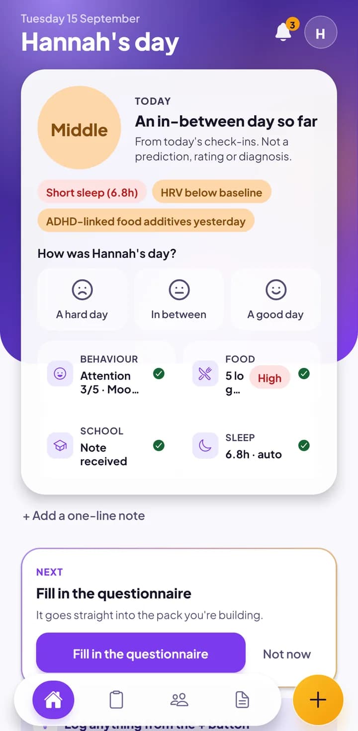 The Striova home screen: today's summary and the day's record so far, for the demo family.