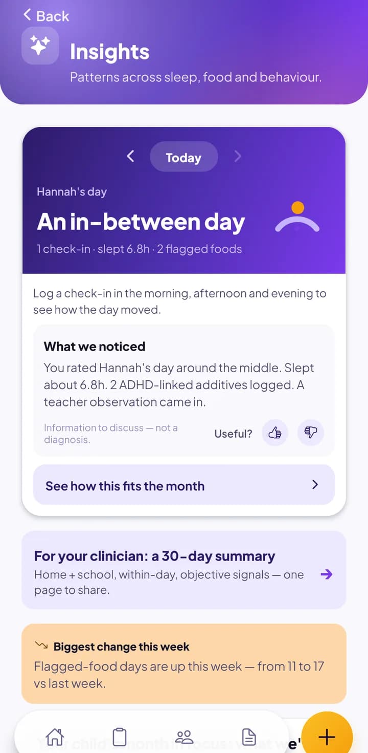 The Insights screen: the demo child's day summarised in plain English, marked as information to discuss and not a diagnosis.